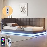 Biqzuya Multifunktions-Bett, 90 x 200 cm, mit LED-Beleuchtung, USB-Anschlüssen und Lattenrost – weicher Samtstoff, grau, bequem