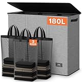 SOLEDI 180L Wäschekorb, Wäschesammler mit Deckel, 3 Fächer und 3 Wäschesack - Großer XXXL Wäschesortierer für Badezimmer, Schlafzimmer, Wäschekammer, Kinderzimmer - 3 x 60L