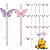 Ovanda 20 Stück Strohhalme Papier, 3D Lila Rosa Schmetterling Streifen Strohhalme Einweg, Geburtstag Mädchen Papierstrohhalme, Cocktail Strohhalmes für Mädchen Geburtstag Party, Hochzeiten und Anlässe