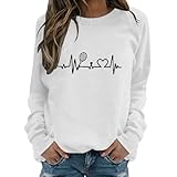 Damen Sweatshirt Baseball Fußball Grafikdruck Langärmelig Rundhals Lässiges Oberteil Langarm Festliche Blusen Damen Blusenshirt Sommer Mehrfarbig Einfarbig Sweat T-Shirts(A2 Weiß,XL)