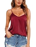 VIDUSSA Damen Satin Cami Tank Top Seidentop Shirt Ärmellose V-Ausschnitt Blusen Spaghetti Oberteile Weinrot L