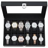 Ohuhu Uhrenbox mit 12 Fächern, Watch Box Uhren Aufbewahrungsbox mit Glasdeckel & Metallschnalle, Uhren Box aus PU Leder und Samt Innenfutter, Uhrenbox Herren Frauen, Geschenk für Weihnachten