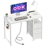 ODK Kleiner Schreibtisch mit 3 Schubladen aus Stoff, Computertisch mit 2 Steckdosen und USB-Anschlüssen, Umkehrbarer PC-Schreibtisch Bürotisch für kleines Home Office(Weiß, 100x48x75,5 cm)