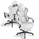 Ferghana Ergonomischer Gaming-Stuhl mit Massagegerät, Gamerstuhl mit atmungsaktivem Stoff, Massage-Lendenwirbelstütze, Kopfstütze, Fußstütze, Bürostuhl, ergonomischer PC-Stuhl (weiß, Stoff)