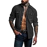 Jeanshemd für Herren, Langarm, Jeanshemd für Herren, Retro, Reverskragen, mehrere Taschen, Knöpfe, Denim, Langarm, leicht, reguläre Passform, lässig, modisch, für den Alltag, Denim, Schwarz , XXL