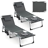 FANTASK Sonnenliege klappbar, Gartenliege mit Verstellbarer Rückenlehne und Fußstütze und Fußteil, abnehmbarem Seitentasche, Relaxliege für Garten Strand Camping (Grau)