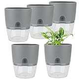 FAAING 5 Stück Selbstbewässerungstopf Grau 15cm, Kunststoff Kräutertopf mit Selbstbewässerung und Wasserspeicher, Selbstbewässernder Blumentopf mit Bewässerungssystem für Küchenkräuter, Innen