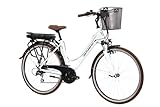 F.lli Schiano E-Ride 28 Zoll City E-Bike, Elektrofahrrad für Damen Herren, Pedelec mit 250W Motor, Shimano 21-Gang-Getriebe, in Weiss mit Korb