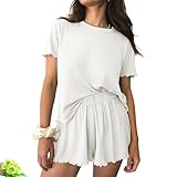 GANDUS Lounge-Sets für Damen, Schlichtes 2-teiliges Sommer-Schlafanzugset, lockere, einfarbige Oberteile mit weicher, kurzer Pyjama-Nachtwäsche (White,XXL)