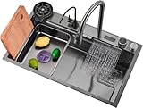 Küchenspülen-Set, Wasserfallspüle, Edelstahl-Einzelbecken-Küchenspüle, Einbauspüle mit Wasserhahn-Kombination, Aufsatzspüle mit Zubehör und Temperaturanzeige (Größe: 80 x 46 cm)