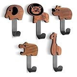 Joyes Kindergarderobe, Kleiderhaken für Kinder in Tierform, Wandhaken aus Walnussholz Garderobenhaken, Kinder Wandaufhänger, Tiere-Löwe/Elefant/Nilpferd/Giraffe/Nashorn(inkl. 5 schwarze Metallhaken)