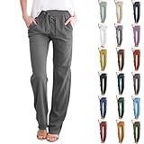 Hose mit geradem Bein für Damen, Kordelzug, elastische Taille, einfarbig, weites Bein, Hose mit sechs Knöpfen, Taschen, lockere Passform, Strandhose, Lounge-Hose, Baggy