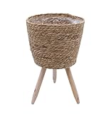 Spetebo Blumenständer aus Stroh innen mit Folie - 35 x 23 cm - Rattan Pflanzenständer mit 3 Holz Beinen - Deko Blumentopf Pflanztopf Korb Topf mit Füßen für Zimmerpflanzen