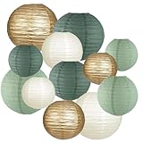 CC wonderland zone 12 Stück Salbei Grün Cream und Gold Papier Lampions,Salbeigrün Papier Laterne,Runde Papierlaterne für Braut Hochzeitsdekorationen Geburtstagsfeier Gartenparty Salbeigrün Deko