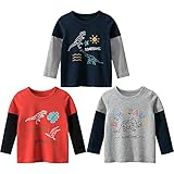 3er Pack Jungen Langarmshirt T Shirt Baby Kinder Jungen Rundhals Langarmshirt Baumwolle Shirt Dinosaurier Wagen Drucken T-Shirt Tops Kinder Shirt 1-7 Jahre Dinosaurier 2 140