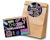 10 Neon Lasertag Einladungskarten und Gastgeschenktüten für Lasertag Geburtstag, Geburtstagsset mit Gaming Einladung und Mitgebseltüten für Jungen Geburtstag, Inkl. Umschläge und Stickern