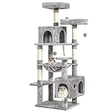 MSmask Kratzbaum groß, L Katzenbaum Stabil, Katzenkratzbaum mit 2 Plattformen, 2 Katzenhöhlen, Hängematte, Sisalsäulen, mehrstöckiger Kletterbaum für Katzen (Hellgrau, 160 cm)