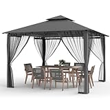 Amopatio 2.8x2.8 Garten Pavillon Wasserdicht Stabil Winterfest, Doppeldach Gartenpavillon mit Moskitonetz, Deluxe Patio Gazebo Wetterfest, Partyzelt Gartenlaube Metall für Pool Seite, Terrasse, Grau