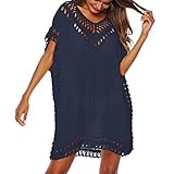 Baynetin Damen Strandkleid Bikini Cover Up Sommer Strandponcho Strandurlaub Badeanzug V-Ausschnitt Beachwear Bikini Cover-Ups (Marineblau)