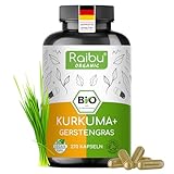 BIO Kurkuma Gerstengras Kapseln hochdosiert - 4200 mg Kurkuma Gerstengras täglich - 270 Kapseln, im Verhältnis 2:1 - In Deutschland produziert - Vegan & Ohne Zusätze - Raibu