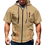 Herren Kurzarm Kapuzenpullover Freizeit Oversized T Shirt Kordelzug Kapuze Hoodie Reißverschluss Taschen Pullover Bequeme Loose Sommerhoodie Atmungsaktives Sommerhemd(#C Khaki,M)