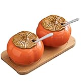 SSWH Keramik-Persimmon-Gewürzglas, kleine süße Zuckerdose mit Deckel und Löffel, Vintage-Zuckertopf, Zuckerdose für die Küche und Zuhause(Size:2pcs,Color:A)