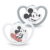 NUK Sauger Space | 18-36 Monate | Lutscher mit extragroßen Belüftungsöffnungen | Silikon BPA-frei | Disney Micky Maus | Grau/Weiß | 2 Einheiten