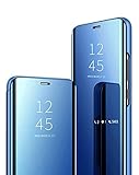 Jacyren Kompatibel Samsung Galaxy S7 Edge Hülle, Leder Flip Case Spiegel Handyhülle S7 Schutzhülle 360°Hard PC Transluzent View Miroir Stoßfest Cover Ständer Funktion Tasche Etui (S7 Edge, Blau)