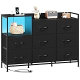 Somdot Kommode Schwarz mit Ladestation und LED, Sideboard mit 8 Schubladen aus Stoff, 2 Steckdosen, 2 USB, Schrank für Schlafzimmer Wohnzimmer, Komodenschrank, Aufbewahrungsschrank