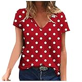 Tshirt Damen Modisches Polka Dot Bluse Sommer Tops mit V-Ausschnitt Kurzarm T Shirt Aesthetic Oberteile Passform T-Shirt Leichte Blusenshirt Bequem Sommerbluse für Frauen Streetwear