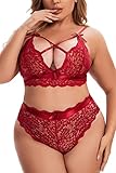 Aranmei Damen Übergröße Dessous Set Sexy Lingerie Unterwäsche Tiefer V Spitzen BH und Hohe Taille Slip Set Kreuzträger Bralette Set, Weinrot, 2XL