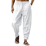 VEMOW Business Hosen Herren Baumwolle Leinen gestreift lose lässige Sporthose (White, S)