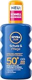 NIVEA SUN Schutz & Pflege Sonnenspray LSF 50+, wasserfestes Sonnencreme Spray mit Vitamin C & Hyaluron, schnell einziehender Sonnenschutz für 48h Feuchtigkeit (200 ml)