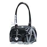 LYEAA Damen-Umhängetasche, PU-Leder, Spitze, Achseltasche, Bowknot Boston, Schwarz, Schwarz , 200.00x135.00x200.00mm