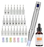 Simdesyun Dermapen Elektrische Microneedling Pen Micronadeln Pen 0-2,5mm mit LED Licht, Microneedle Haut Reparatur & Hyaluron Serum mit Vitamin C, E Hochkonzentriert, (Inkl. 24 Nadeln Patronen)