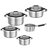 RÖSLE SILENCE PRO Topf-Set 5-tlg., Universaltopfset mit 3 Kochtöpfen, 1 Bratentopf und 1 Stielkasserolle, Edelstahl 18/10, Glasdeckel, Innenskalierung, induktions- und spülmaschinengeeignet