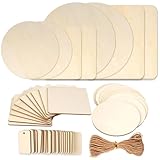 Unbehandeltes Holz Basteln, 54 Stück Holzplatten zum Basteln, 7 Größen Balsaholz Set mit Hanfseil, Rund Quadratische Laser Holz, Rohlinge Holzplatte Holzscheiben für Malerei Schreiben, Dekoration