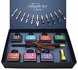 IDEAPOOL Kalligraphie Set, Stift Set Schreibfeder Set 22-teilig – Enthält 7 Flaschen Inks, 12 Federn, schreibfeder Holzstift, einen goldenen Stifthalter und Einführung für Anfänger