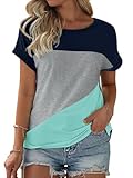Fisoew Damen T-Shirt Rundhals Farbblock Kurzarm Shirt Casual Oberteil Sommer Locker Baumwolle Tee Tops (Blau, XXL)