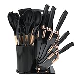 Flearitzo Küchenmesser Set 19 Teiliges Küchenutensilien Set Silikon Küchenhelfer Set mit 12 Kochutensilien,5 Messern,Schneidebrett und Halter,Spülmaschinengeeignet(Schwarz)