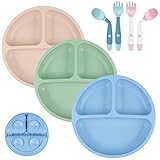 Vicloon Baby Teller, 3Pcs Silikon Rutschfester Baby Tischset mit 2 Paar Löffel+Gabel, BPA Frei, Geteilte Standfeste Babyteller Kleinkind Teller für Baby Kleinkind und Kinder(Dunkel Gefärbt)