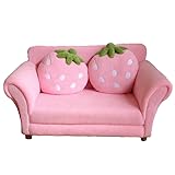 GFRYSBMQ Rosa Erdbeer-Velours-Kindersessel – Polsternder Kleinkindersofa mit Rückenlehne, Armlehnen, Kissen, Pompon-Dekor und Krönen-Design, perfekt zum Lesen, Schlafen und Entspannen