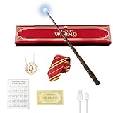 EBKCQ Zauberstab Hermine Granger, Zauberstab mit Licht, Wiederaufladbar Magic Wand, Leuchtend Wizarding World Zauberstäbe Geschenkbox mit Zauberspruch Karte, Stationsticket, Halskette, Kravatte
