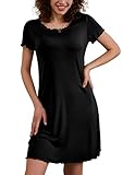 Ekouaer Nachthemd Damen Schlafshirt Kurzarm mit Kruselrndern Kurz Nachtkleid Sommer Sleepshirt Volant, Schwarz, M