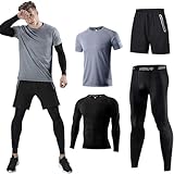 Kompressionsanzug Herrenanzug Trainingsanzug 4-teiliges Herren atmungsaktives Sportswear Laufanzug Kurzarmhemd Kompressionshemden Halbhose Strumpfhose schweißabsorbierend und schnelltrocknend Grau-L