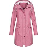 Mrat Wasserdichte Jacke für Damen, Outdoor-Trenchcoats, langer Windbreaker-Regenmantel mit Kapuze, elegant, schmale Passform, Knopfleiste, Reißverschluss, funktionaler Übermantel, Wandern, Laufen