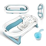 Einesin Groß Faltbare Baby Badewanne mit integriertem Thermometer, Baby Wanne Inkl. Badewanneneinsatz Baby, Baby-haarwaschbecher, Babybadewanne Faltbar für Babys 0-6 Jahre, Blau