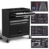 Arebos Werkstattwagen Schwarz | 4 Schubladen inkl. 81-TLG. Werkzeug + großes Fach | inkl. Antirutschmatten | kugelgelagerte Schubladen | Transportsicherung | 2 Rollen mit Feststellbremse