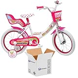 Fahrrad 16 Zoll Einhorn, Mädchenfahrrad mit Korb und Puppenhalter, Alter 4-7 Jahre