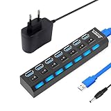 USB Hub 7 Port: Tragbar USB verteiler 3.0+2.0 Einzelnen LED-Netzschaltern fur Laptop, PC, MacBook und weitere USB Geräte